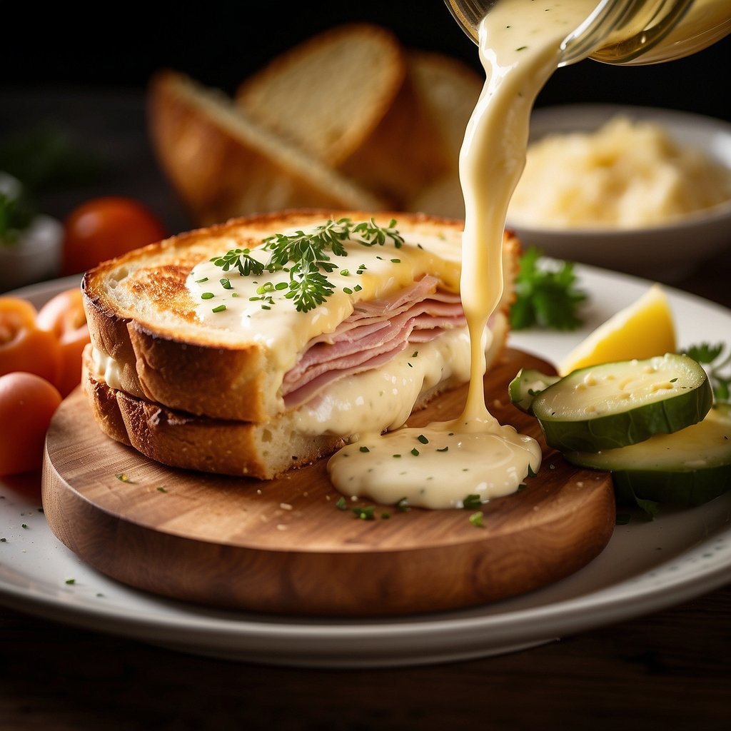 An authentic Croque Monsieur being prepared with layers of ham, cheese, and bread, topped with a creamy béchamel sauce and baked until golden and bubbly