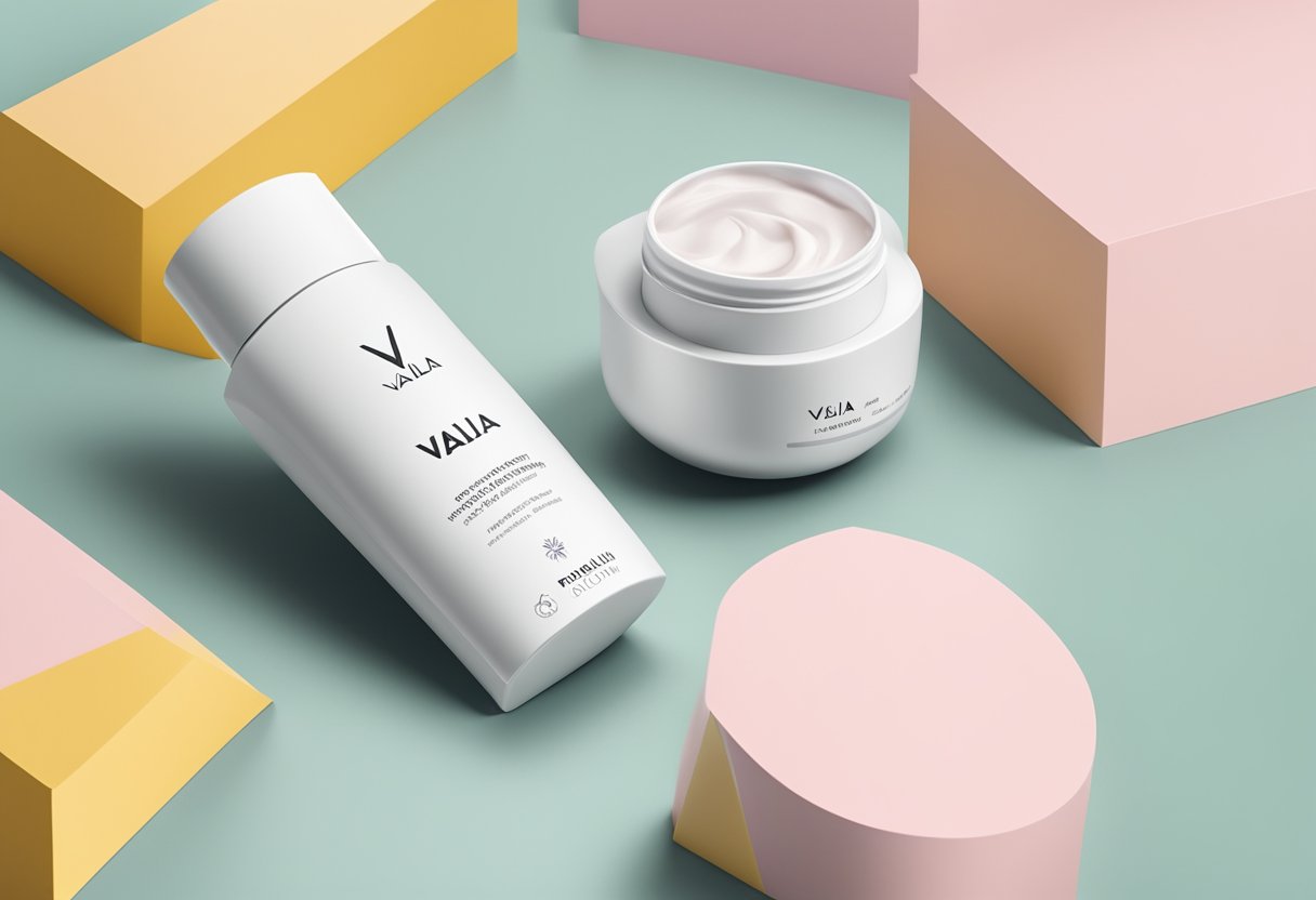 A futuristic-looking facial cream bottle with the brand "Välja" prominently displayed, surrounded by a youthful and modern aesthetic