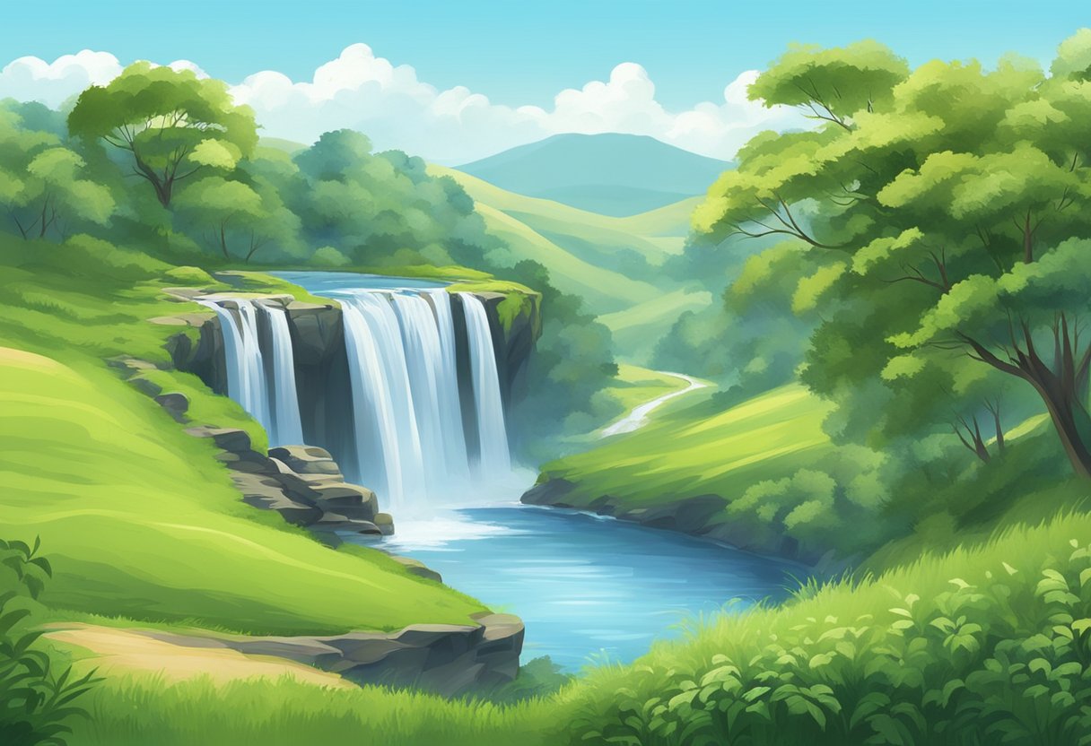 A serene landscape with a clear blue sky, gentle rolling hills, and a pristine waterfall surrounded by lush greenery