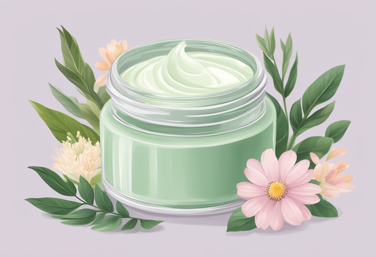 A jar of soothing face cream surrounded by botanical ingredients and calming essential oils, with a soft, pastel color palette