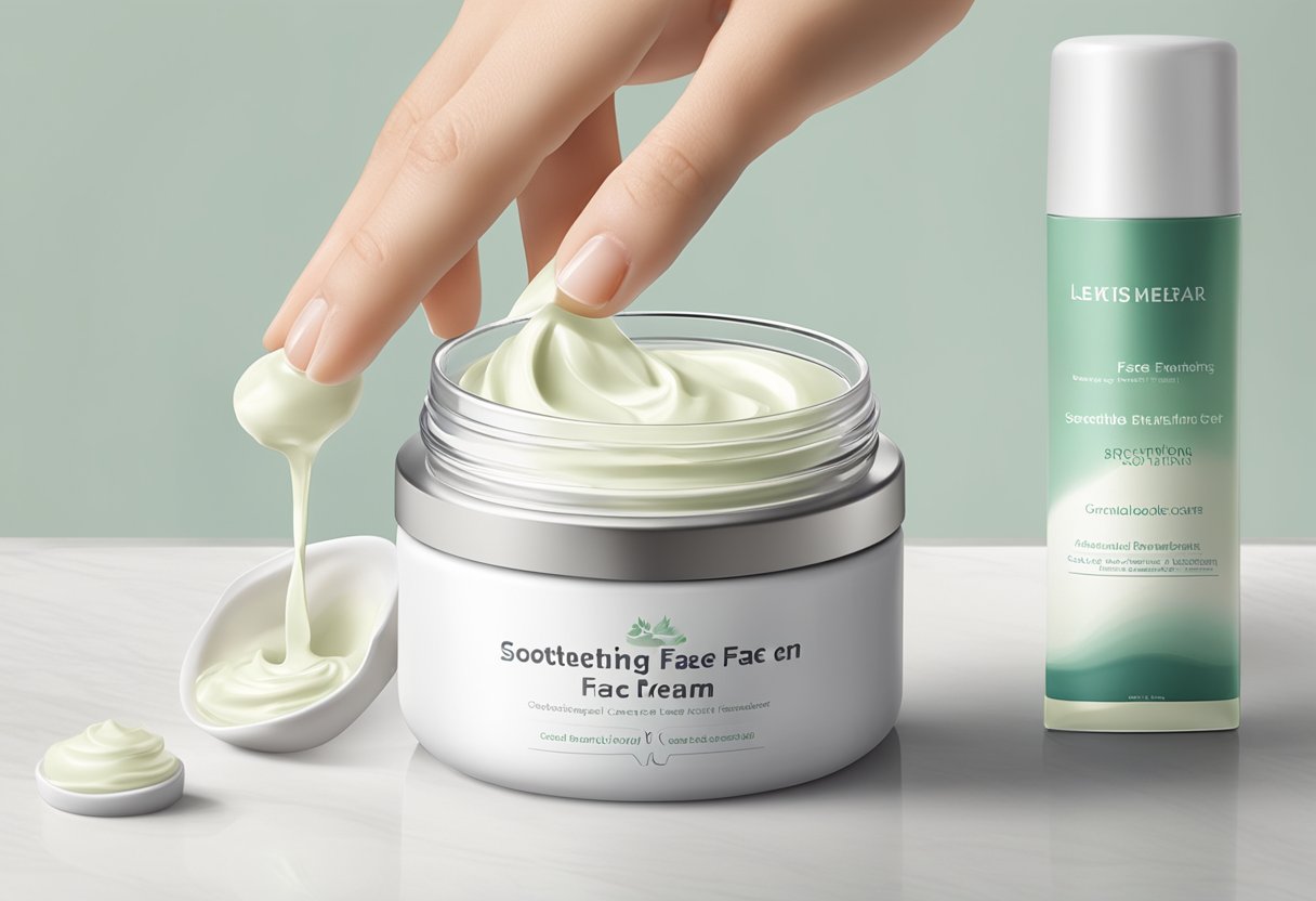 A jar of soothing face cream sits on a clean, white countertop, with a gentle hand reaching for it