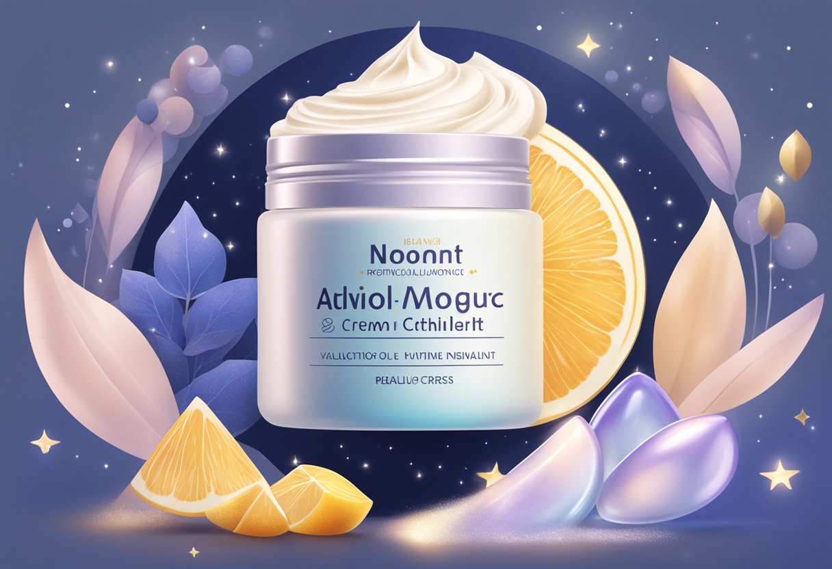 A jar of night cream surrounded by glowing active ingredients like retinol, hyaluronic acid, and vitamin C, with a soft moonlit background