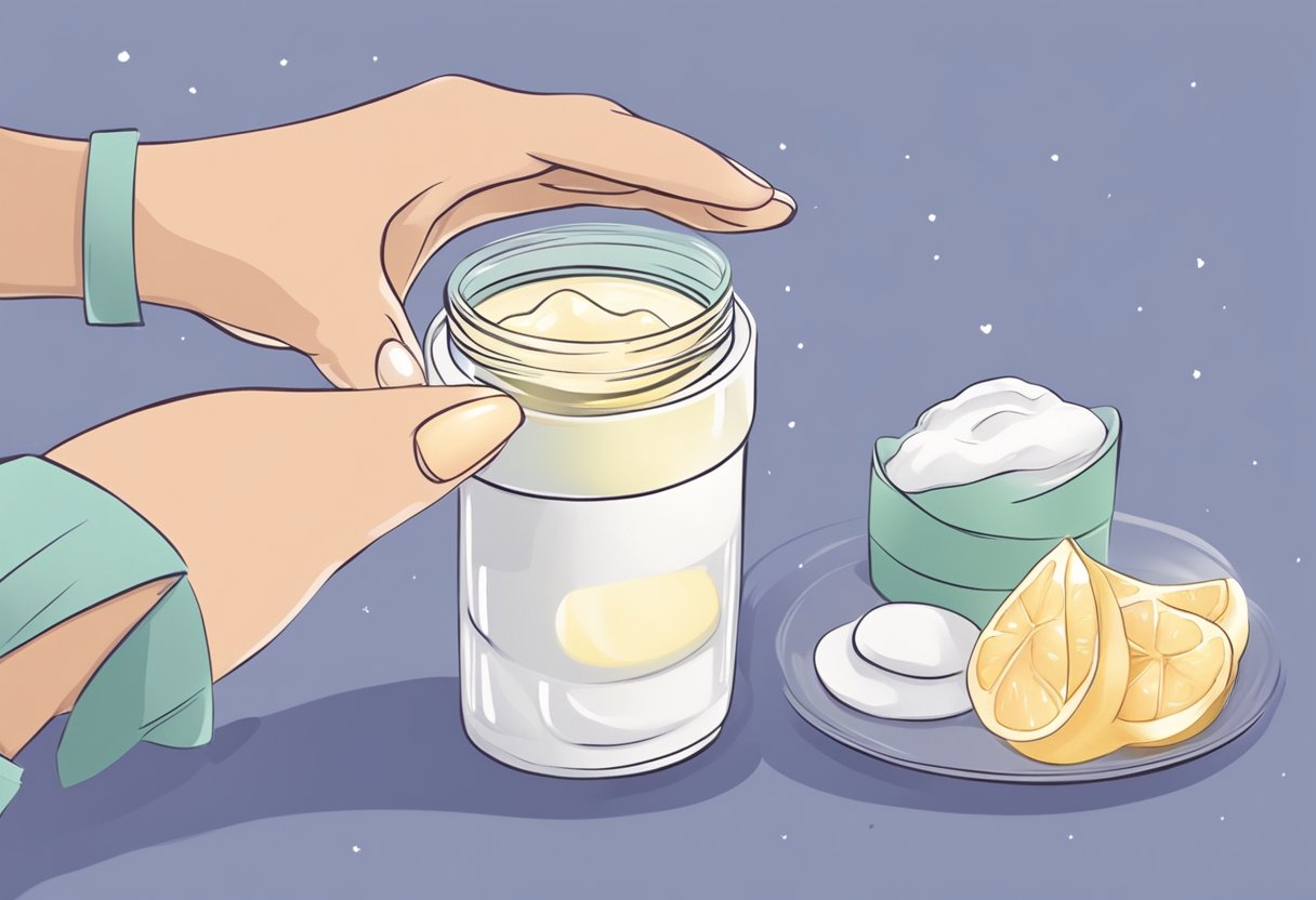 A hand holding a jar of night cream, applying it to a clean face before bed