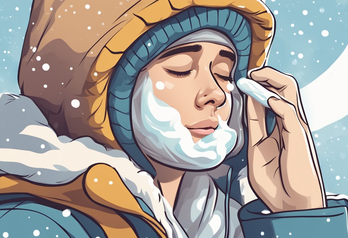 A person applying face cream in cold winter weather