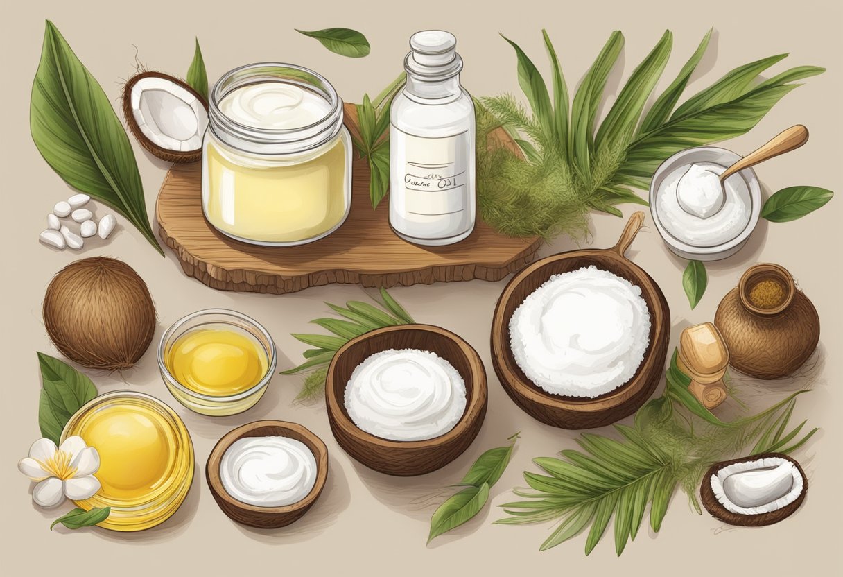 A table with various natural ingredients like coconut oil, shea butter, and essential oils. A handwritten recipe for homemade face cream is placed next to the ingredients