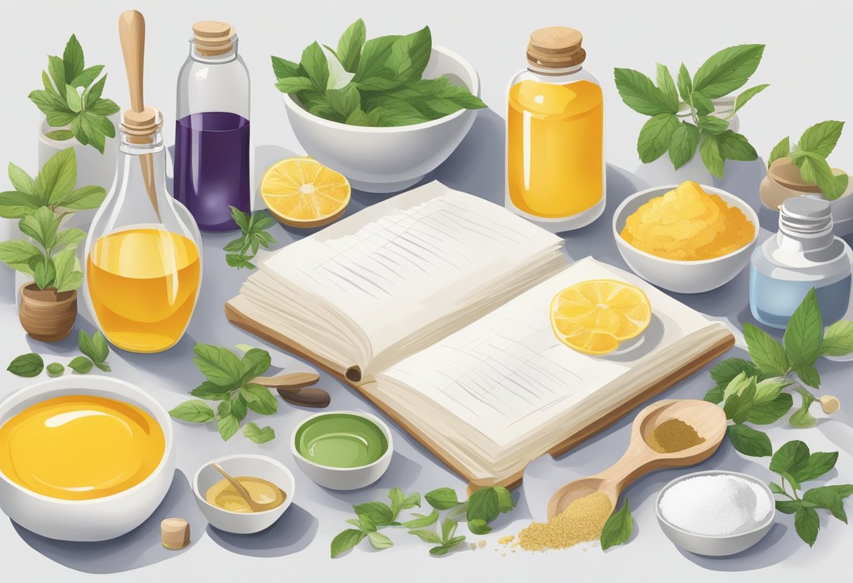 A table filled with various natural ingredients and essential oils, along with mixing bowls, spoons, and measuring tools. A recipe book open to a page titled "Homemade Face Creams."