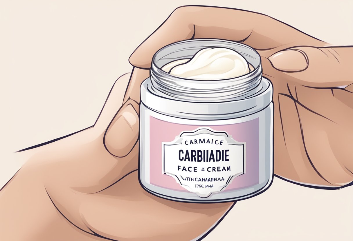 A hand holding a jar of carbamide face cream, with a gentle smile on the face of the person applying it