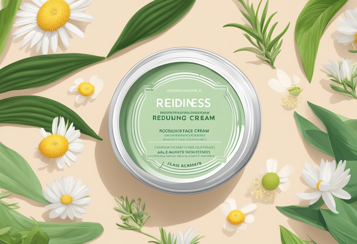 A jar of redness-reducing face cream surrounded by soothing botanical ingredients like chamomile and aloe vera