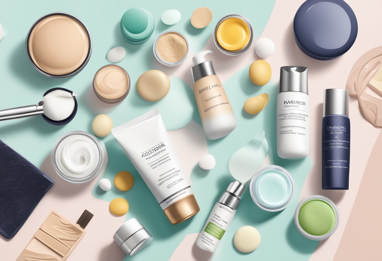 A table with various skincare ingredients and formulations laid out, with a tube of day cream next to a makeup palette