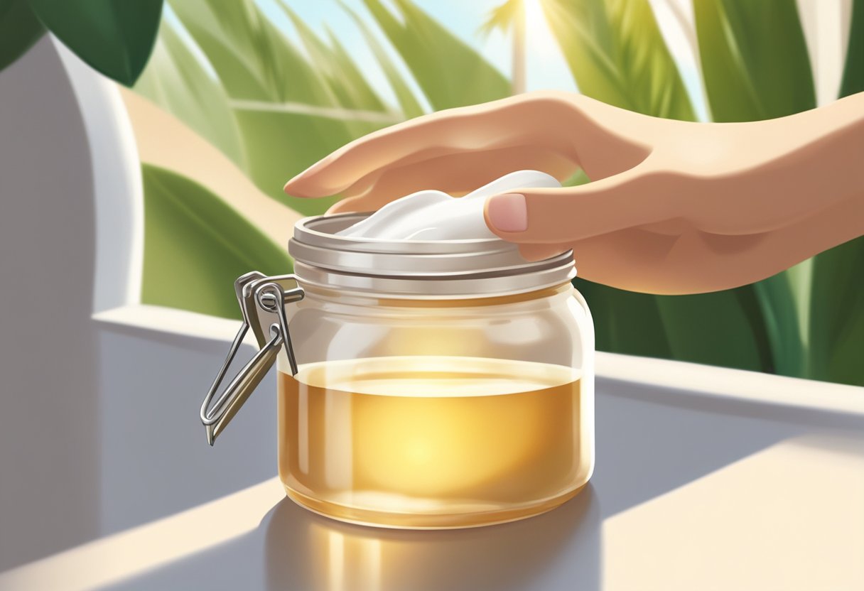 A hand holding a jar of coconut oil, applying it to a smooth, clean face. The sunlight streaming in through a window highlights the natural ingredients in the oil