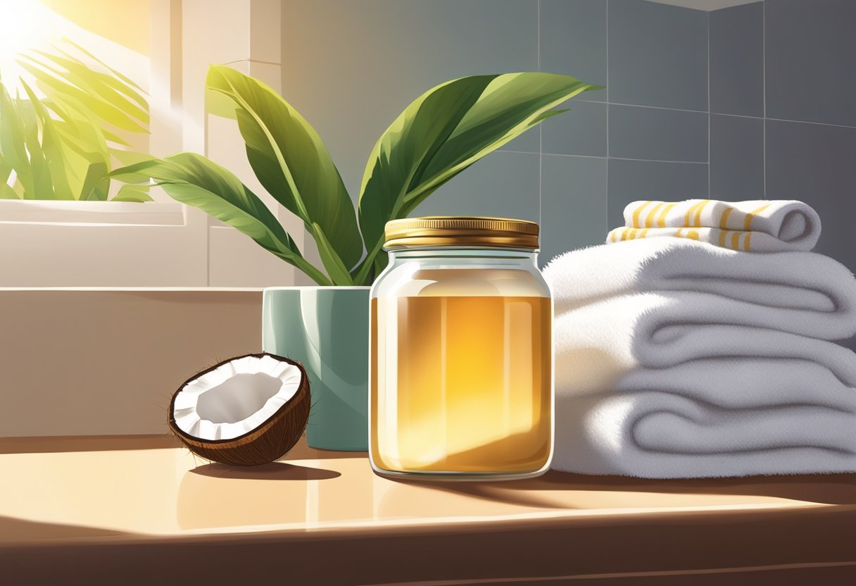 A jar of coconut oil sits on a bathroom counter, next to a clean white towel and a potted plant. Sunlight streams through the window, casting a warm glow on the scene