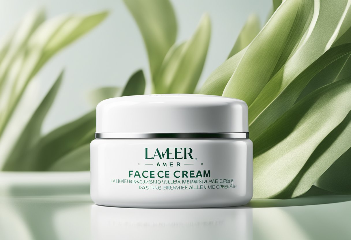 A jar of La Mer face cream sits on a clean, white surface with minimalist packaging and a soft, luxurious texture