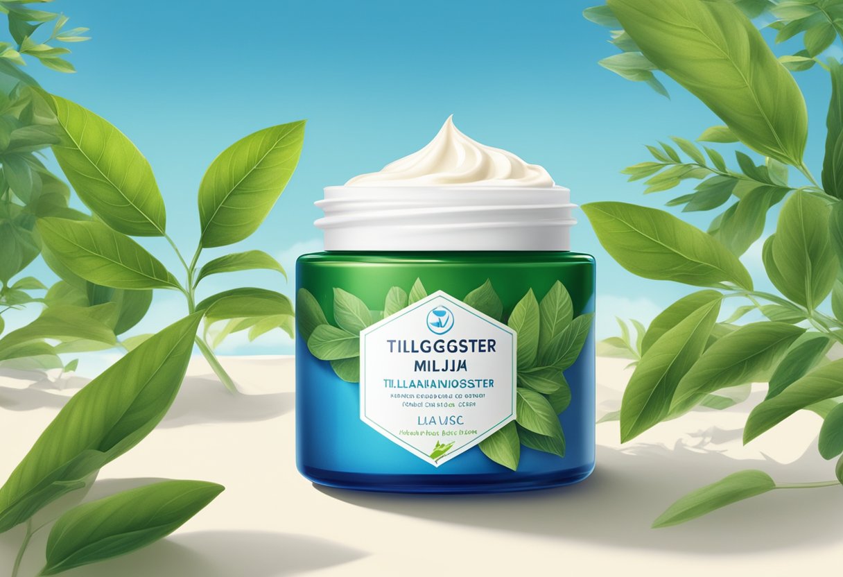 A jar of "Tilläggstjänster och Miljöaspekter la mer" face cream surrounded by fresh, green leaves and a clear, blue sky in the background