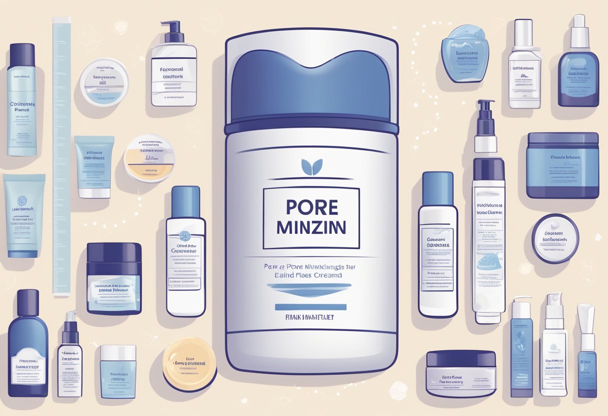 A hand reaching for a tube of face cream, with a focus on the label "pore minimizing." Surrounding the cream are various skincare products and a skincare routine chart