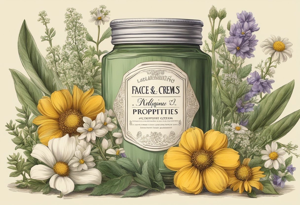 An antique jar of face cream surrounded by natural ingredients like herbs and flowers, with a vintage label listing important properties