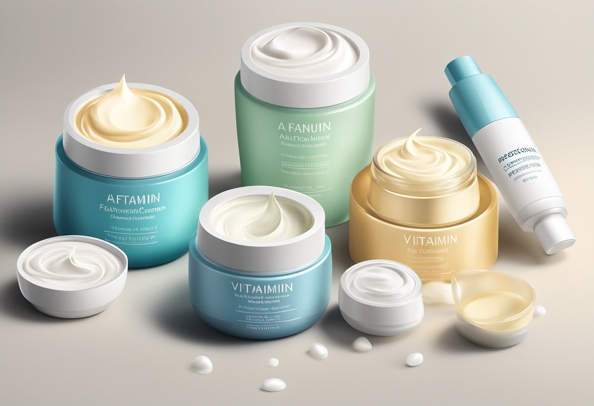 A selection of face creams with A-vitamin, arranged on a clean, white surface with soft lighting