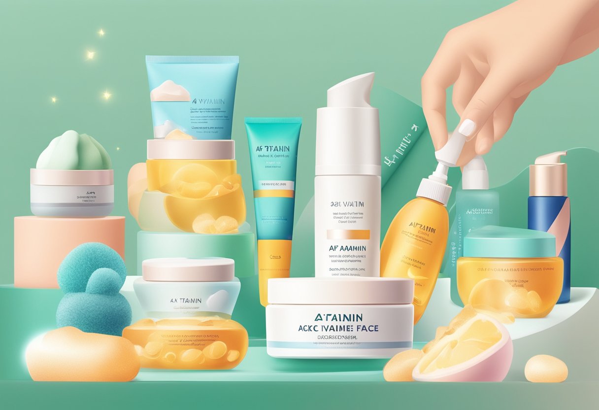 A hand holding a tube of A-vitamin face cream, surrounded by various skincare products. A bottle of A-vitamin serum sits next to it, with a background of soft, glowing skin