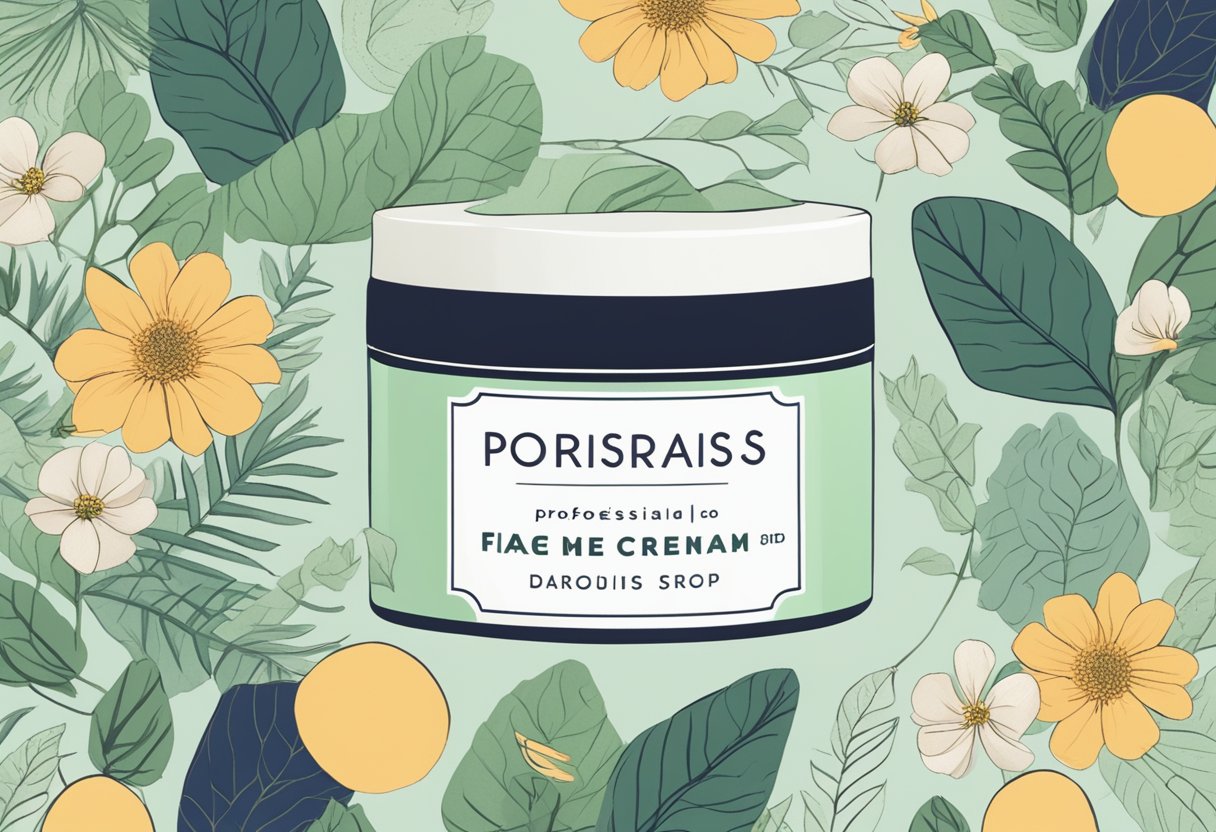 A tube of psoriasis face cream surrounded by soothing botanicals and a gentle, calming color palette