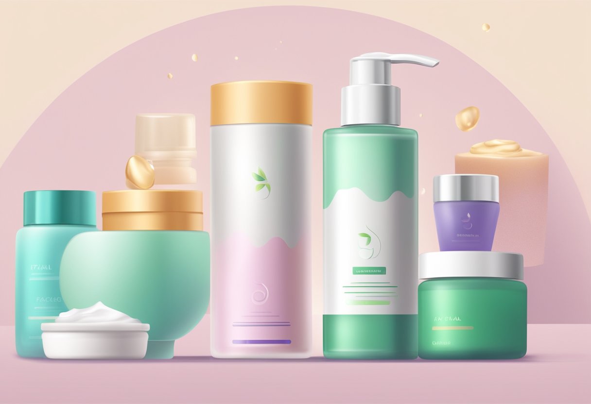 A bottle of facial cream with acid, surrounded by skincare products on a clean, minimalist background