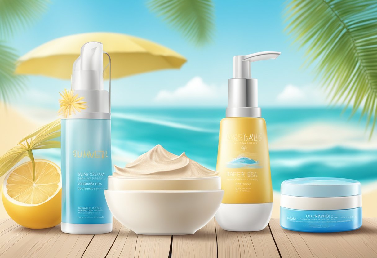 A sunny beach with a clear blue sky and a gentle breeze, featuring a variety of recommended face cream products for summer