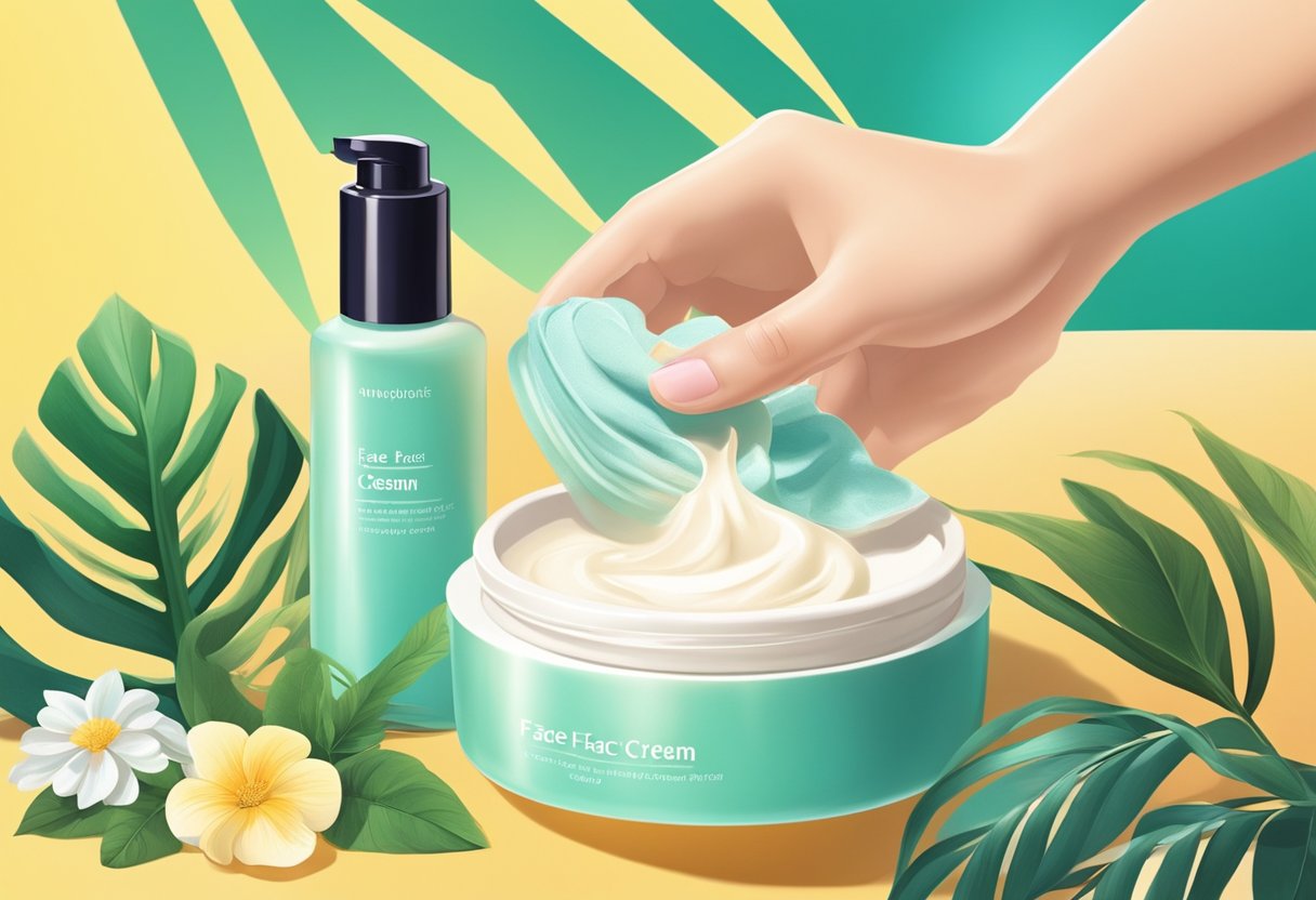 A hand reaches for a bottle of face cream on a sunlit vanity, with a background of summery colors and natural elements