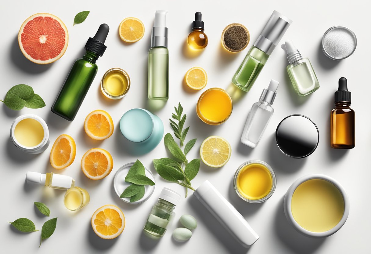 A close-up of various skincare ingredients, such as oils, extracts, and vitamins, arranged on a clean, white surface with soft, natural lighting