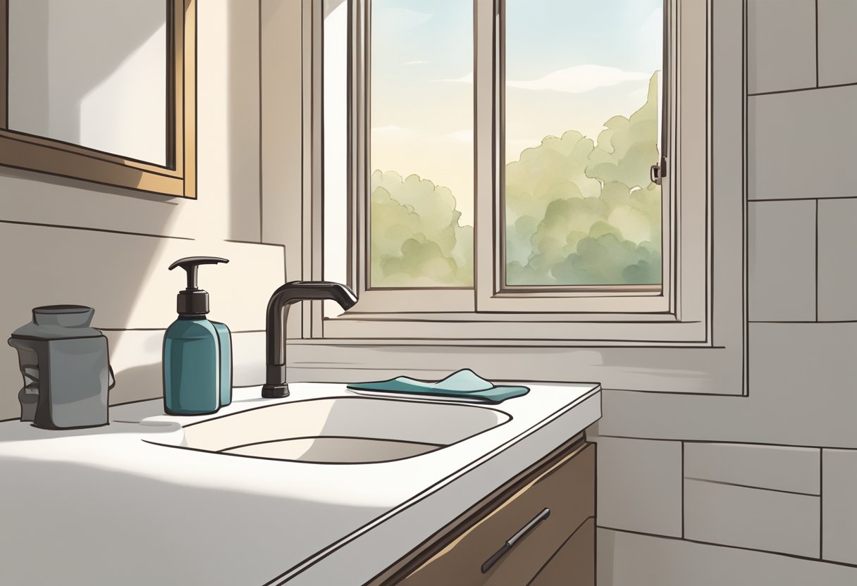 A hand reaching for a bottle of lotion on a bathroom counter. A towel hangs nearby, and a window lets in natural light