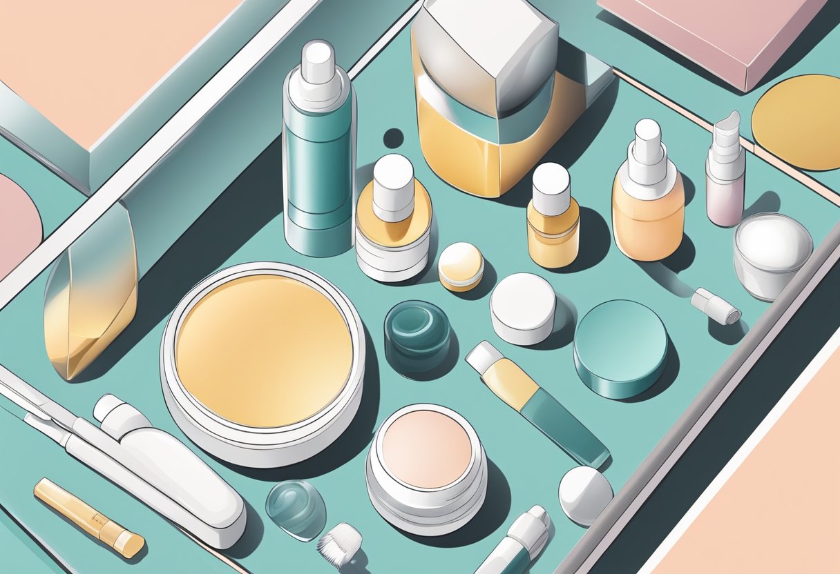 A skincare routine with various products laid out on a clean, organized surface. A mirror reflects the scene, adding depth to the illustration