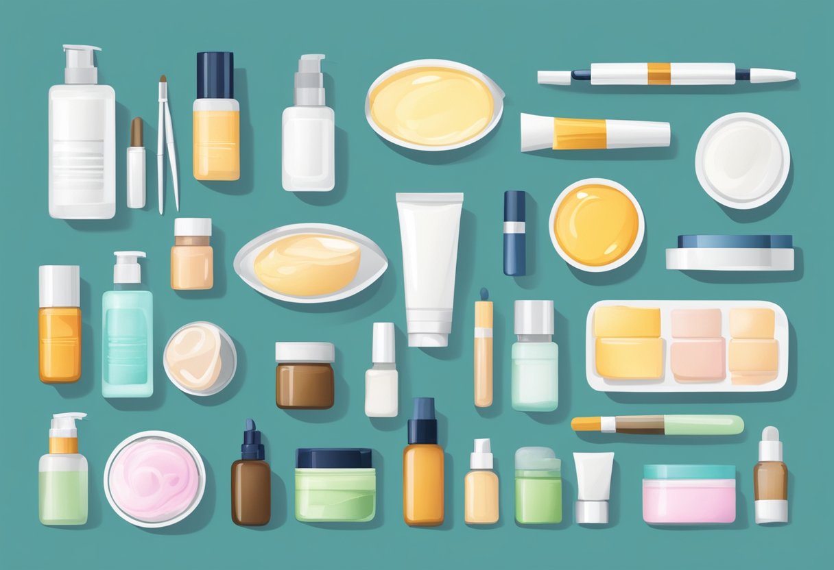 A variety of skincare products and ingredients are laid out on a table for testing and analysis