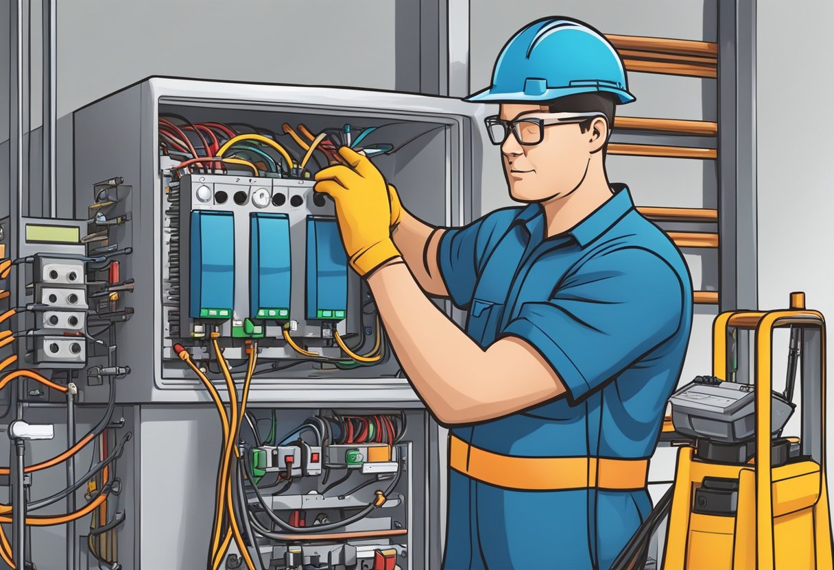 A technician replacing an electrical component with tools and safety equipment nearby