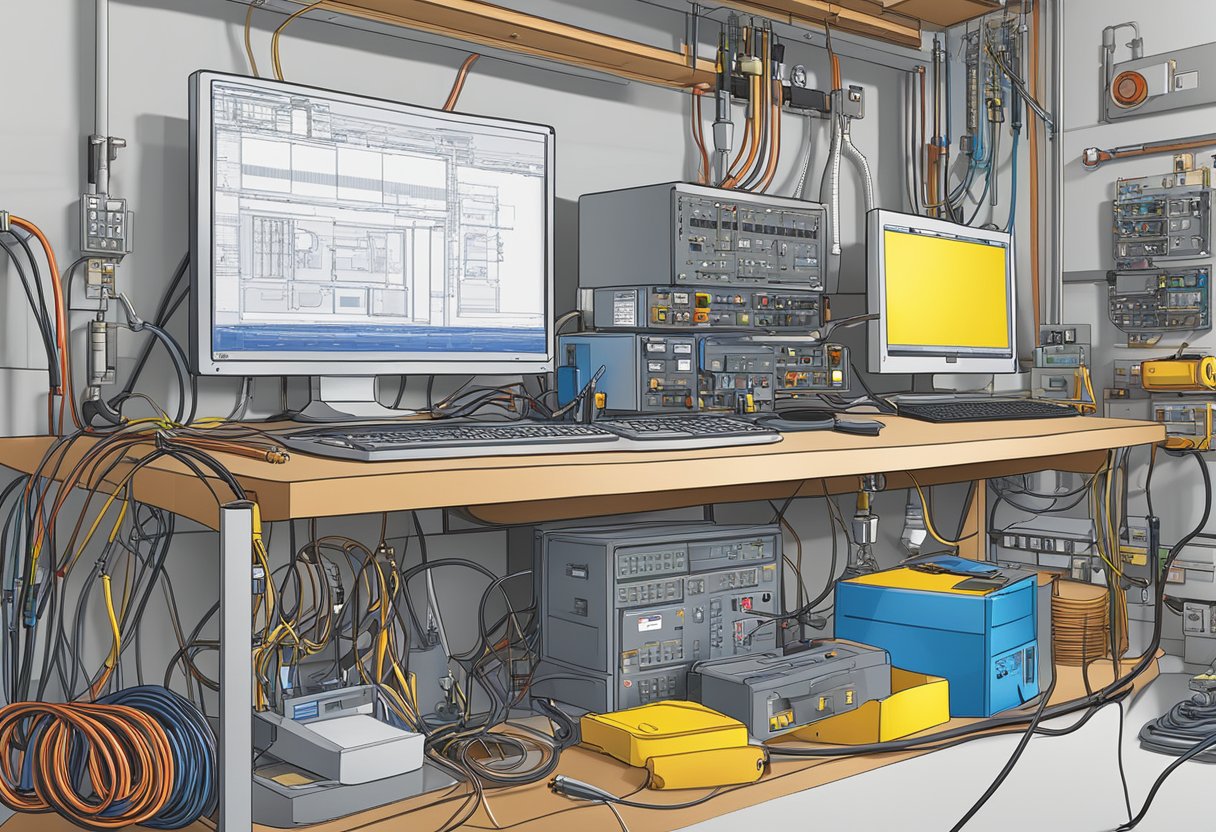 The scene depicts various electrical components and tools, such as wires, circuit breakers, and screwdrivers, arranged on a workbench. A diagram of a building's electrical system is displayed on a nearby computer screen