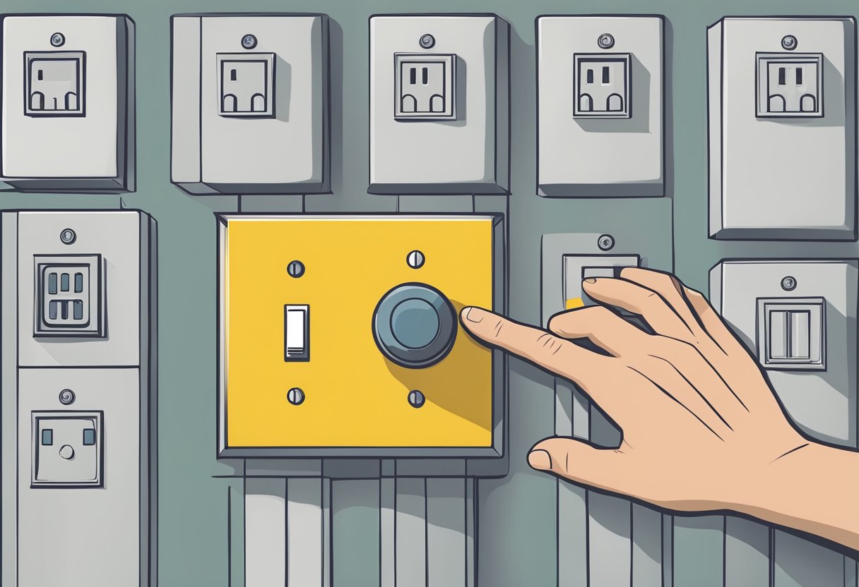 A hand reaching for an electrical switch with a caution sign and a risk management symbol nearby