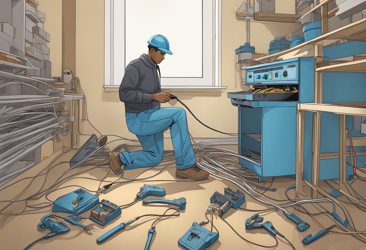 A person installing electrical wiring, tools and materials scattered around. No human figure or body parts visible