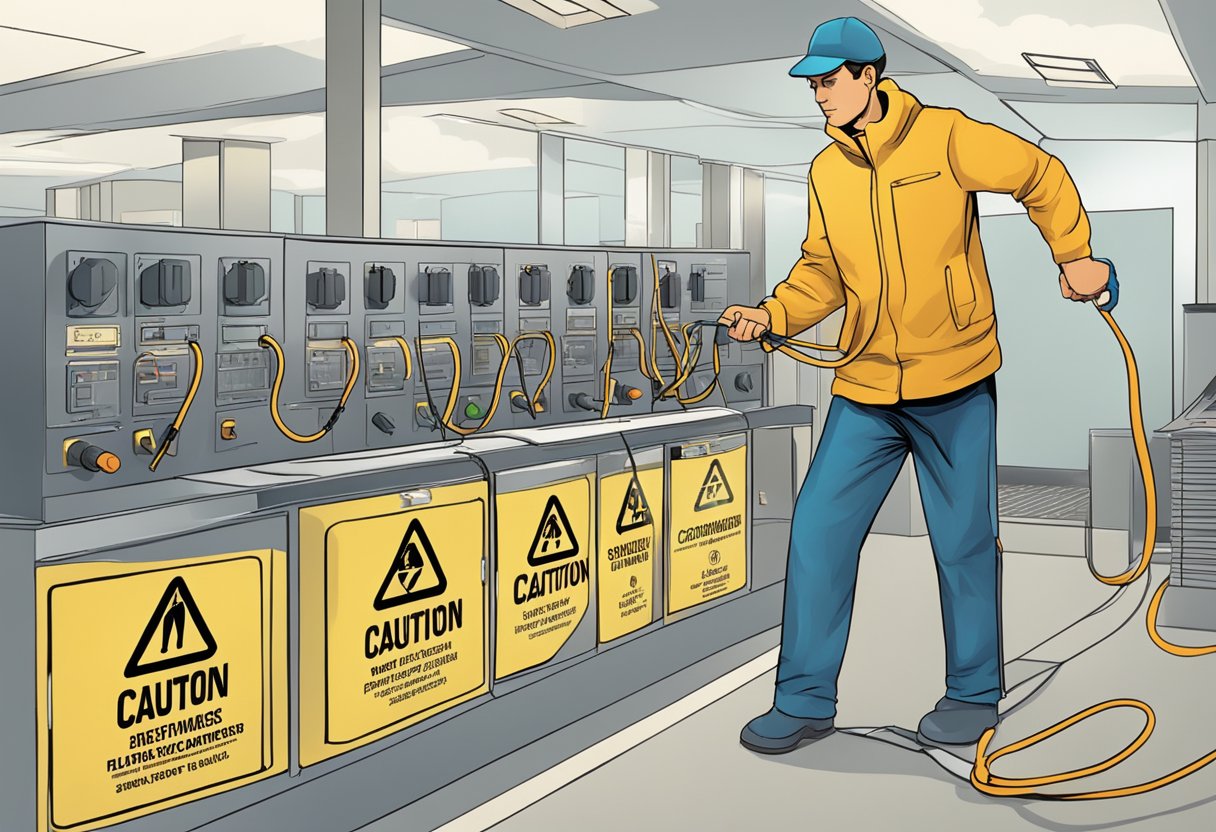 A person pulling an electrical cord with caution signs and secondary aspects in the background