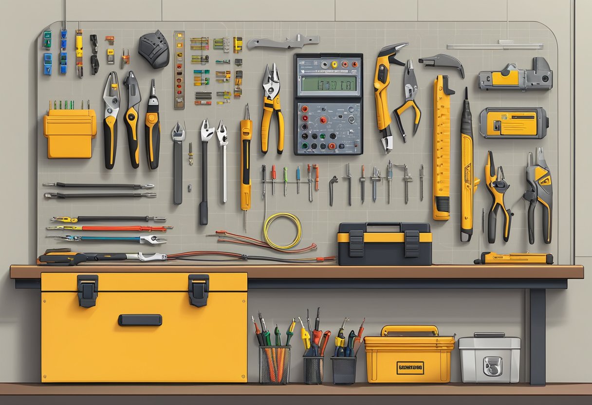 A toolbox with electrical tools and wires laid out on a workbench, with a set of electrical installation guidelines displayed on a nearby wall