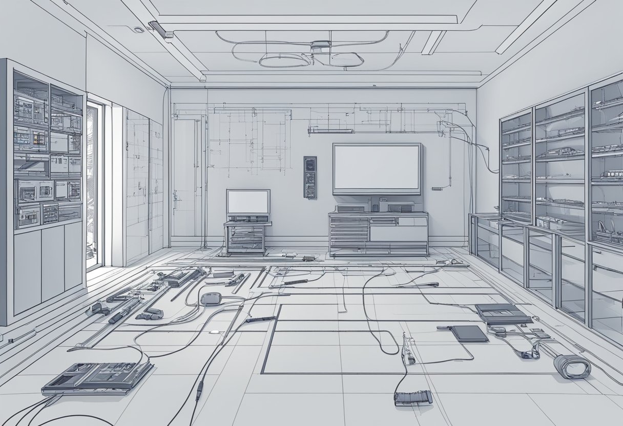 A technician installing electrical components in a room. Tools and wires scattered on the floor. A blueprint of the electrical layout on the wall