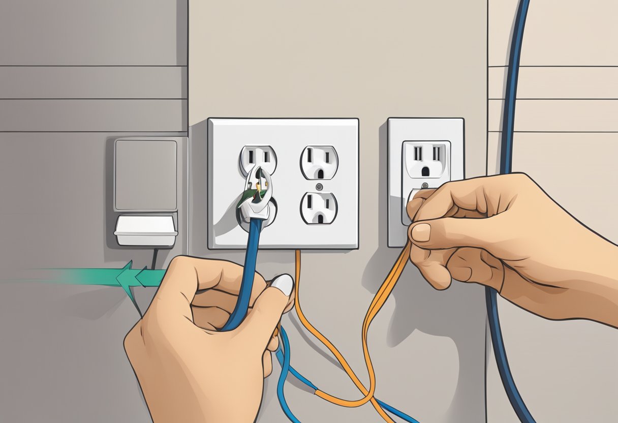 A hand inserting a plug into an electrical outlet, with arrows indicating the exchange process