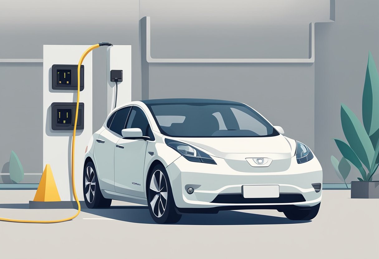 A car plugged into a standard wall outlet, with a charging cable connecting the vehicle to the power source. Nearby, a sign or label provides considerations and recommendations for optimal home charging of an electric car