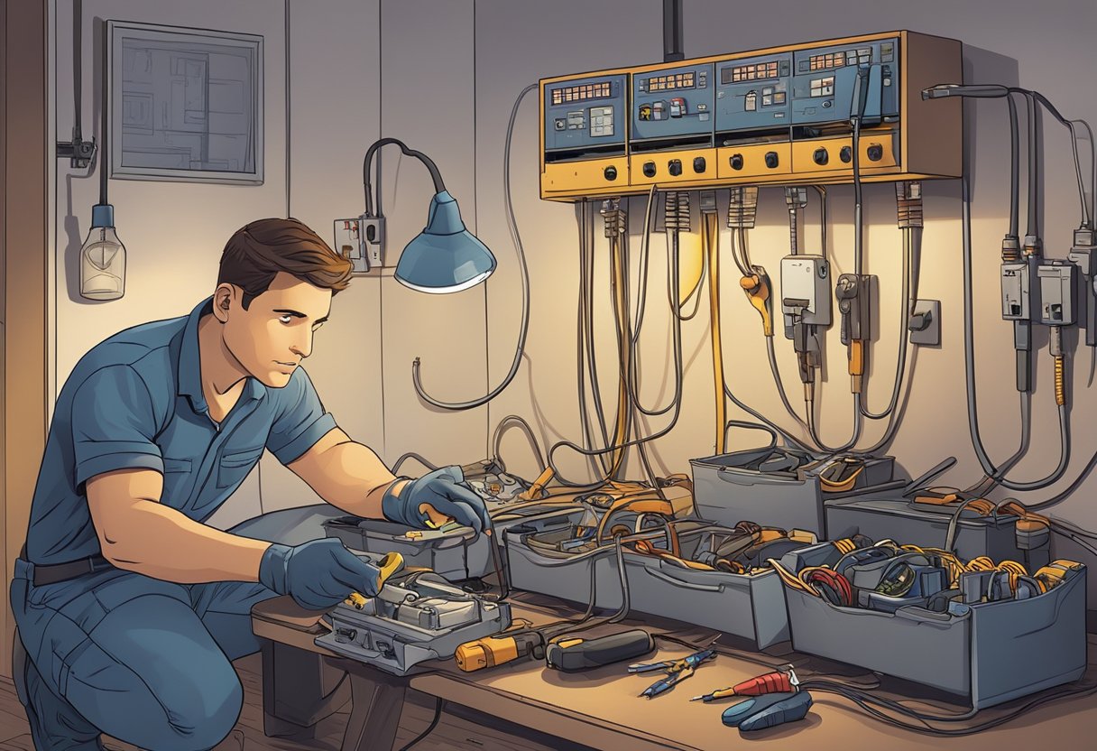 An electrician troubleshoots a fuse box in a dimly lit room with tools and wires scattered around