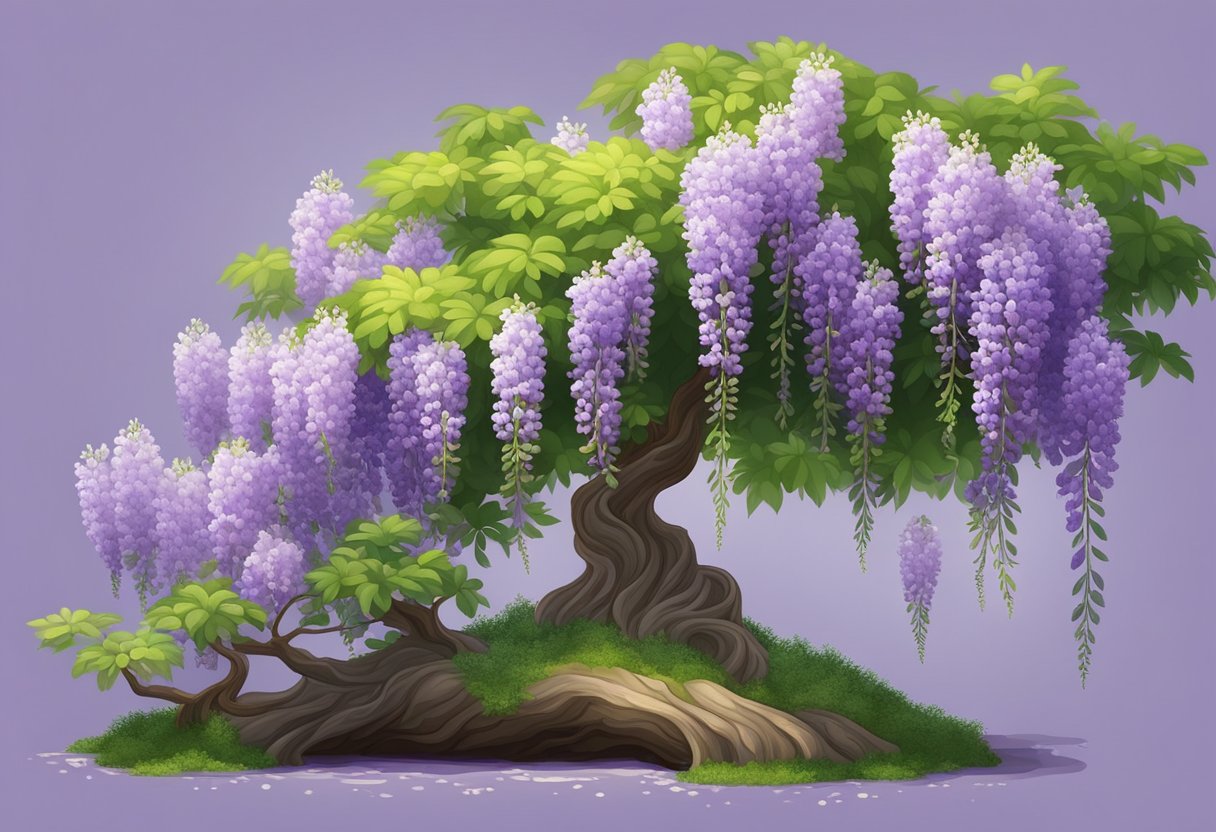 A wisteria bonsai in full bloom, delicate purple flowers cascading from the branches, set against a backdrop of lush green foliage