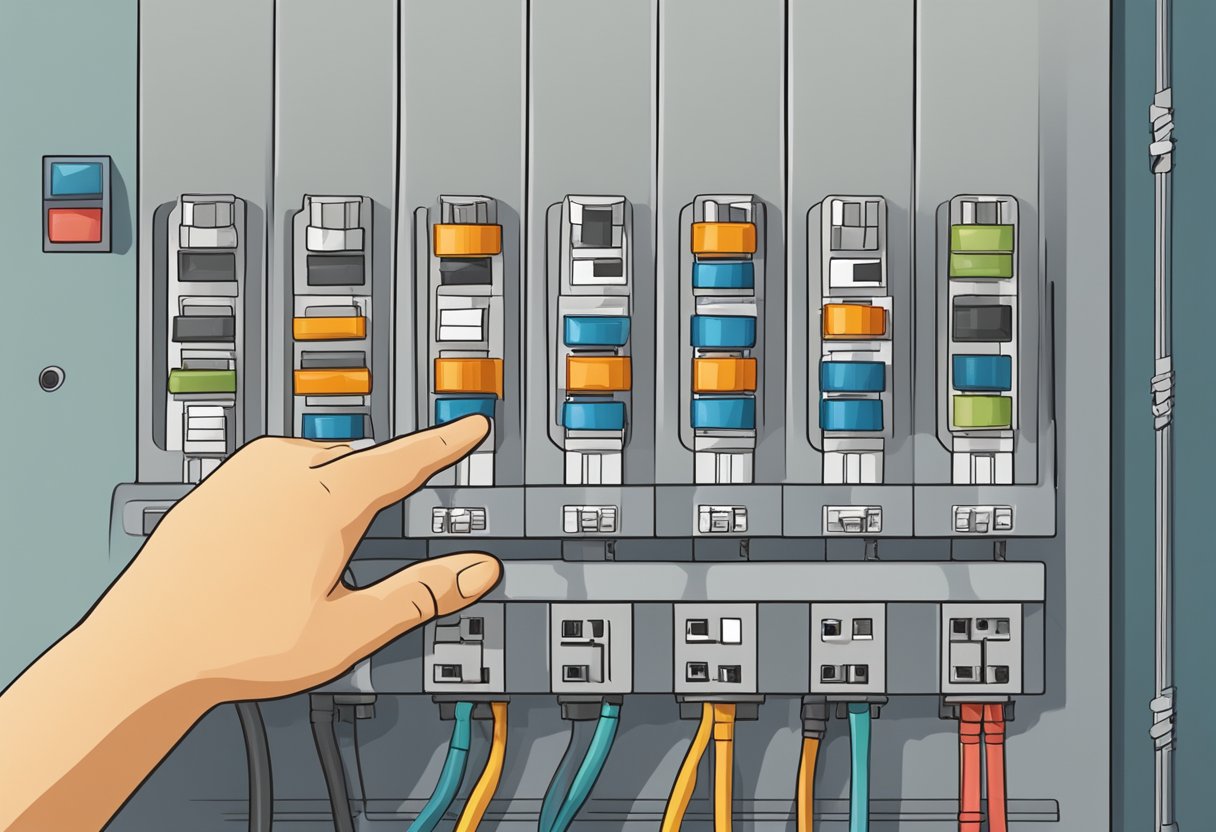 A hand reaches for a row of electrical fuses, selecting and installing one into a fuse box