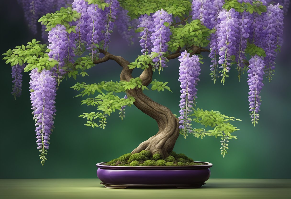 A wisteria bonsai tree in full bloom, delicate purple flowers cascading down the branches, set against a backdrop of lush green foliage