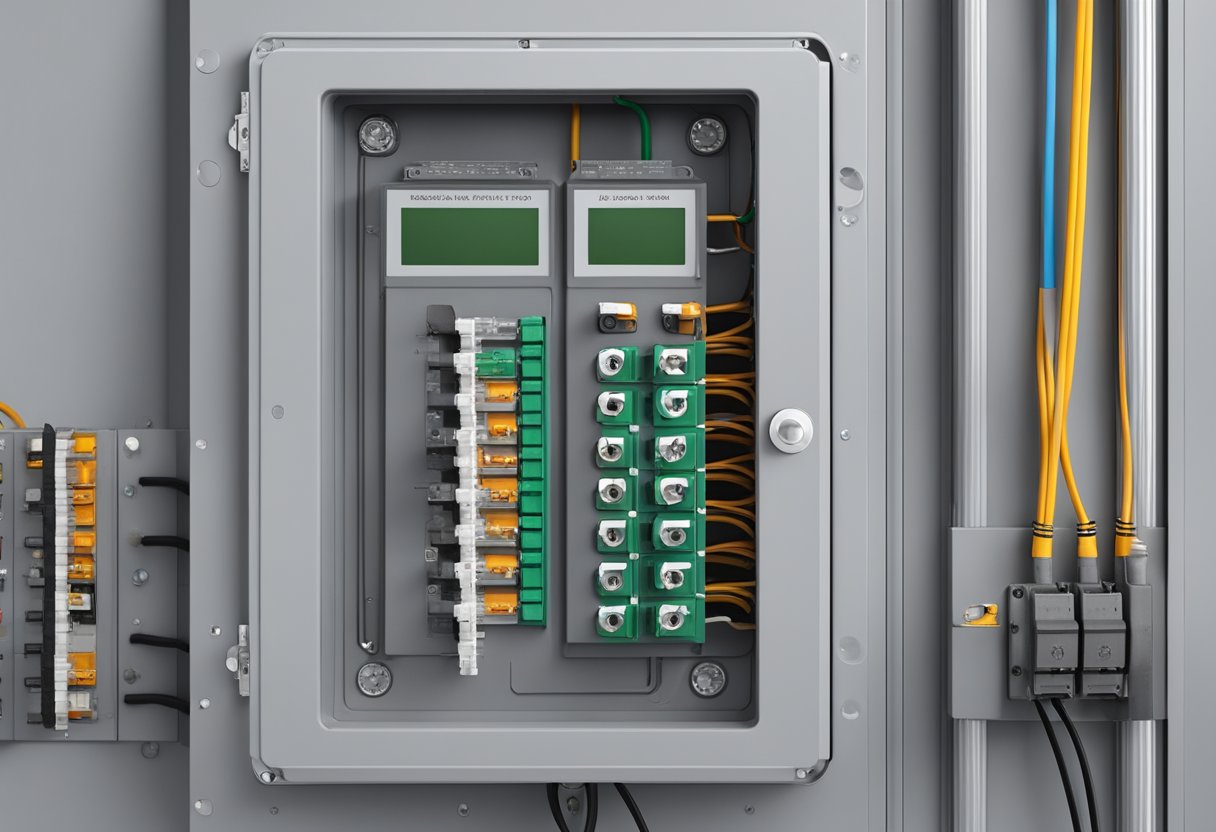 A jordfelsbrytare installed in a modern electrical panel, with clear labeling and connected to the grounding system. It is actively monitoring the electrical circuit for any ground faults and ready to trip to prevent electrical hazards