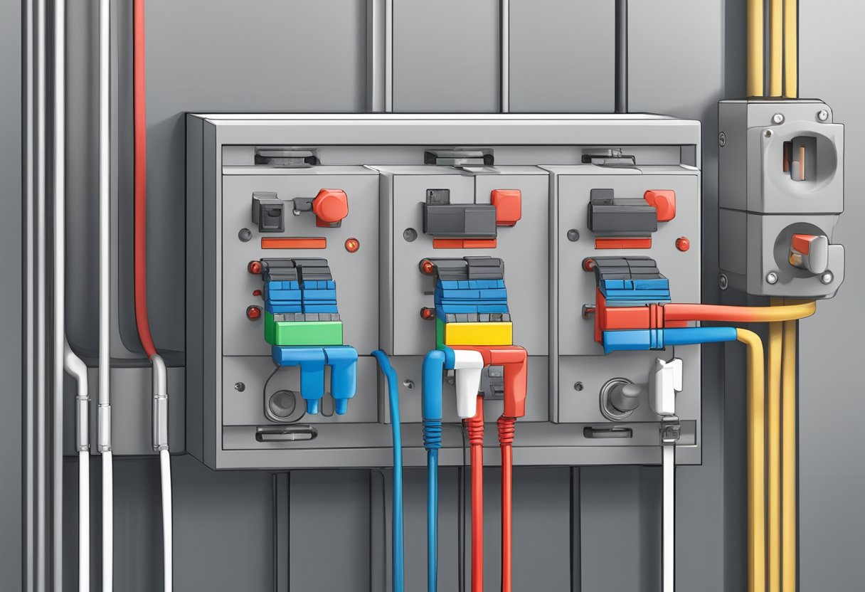 A circuit breaker tripping due to electrical overload, depicted with sparking wires and a flashing red indicator light