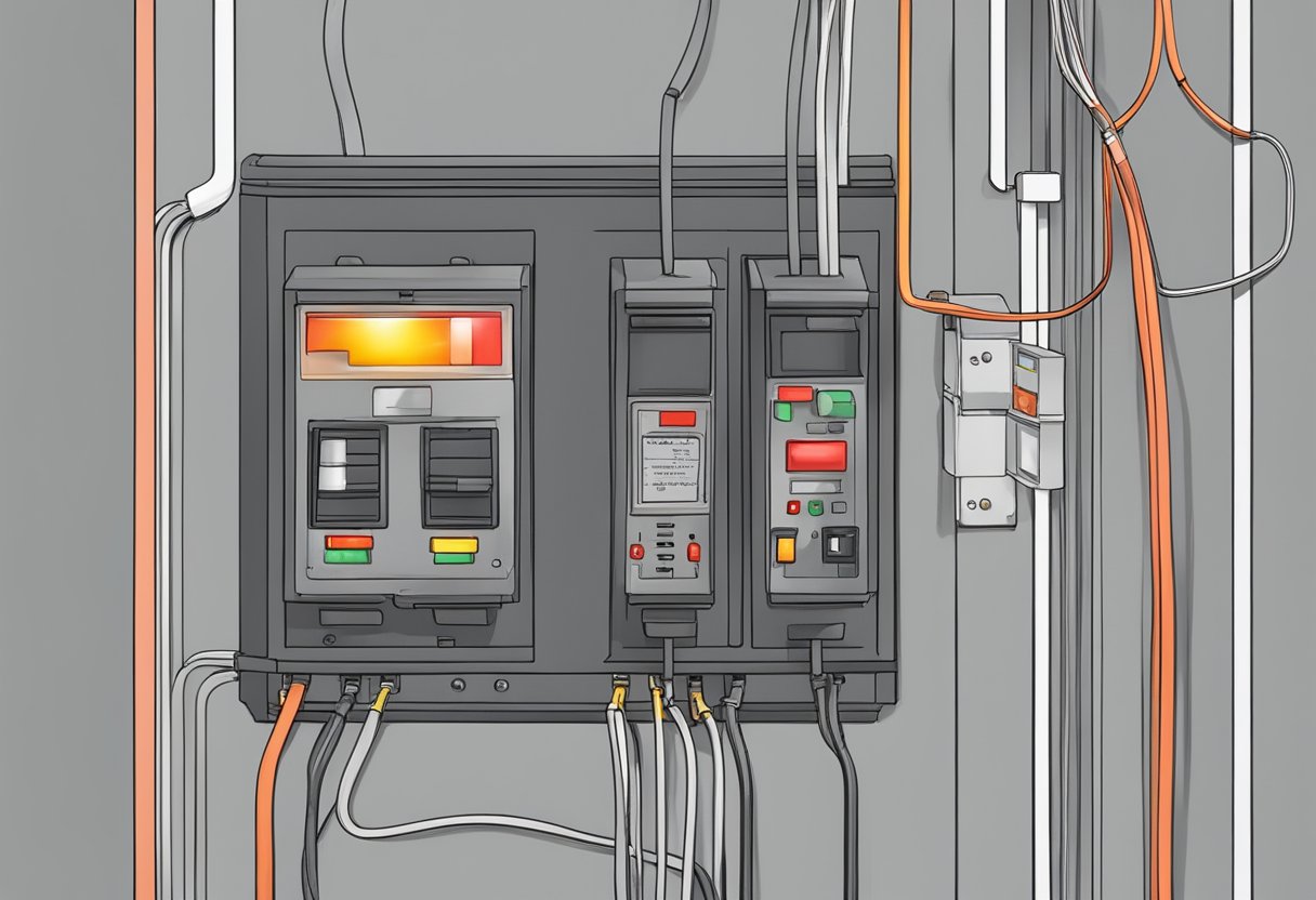 A circuit breaker tripping due to electrical overload, depicted with sparking wires and a flashing red light