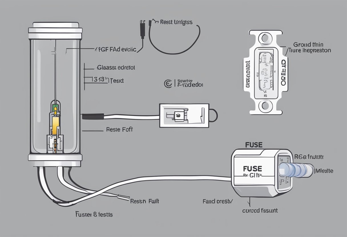 A fuse and a ground fault circuit interrupter (GFCI) are shown side by side, with the fuse depicted as a thin wire inside a glass tube, and the GFCI shown as a small device with a test and reset button