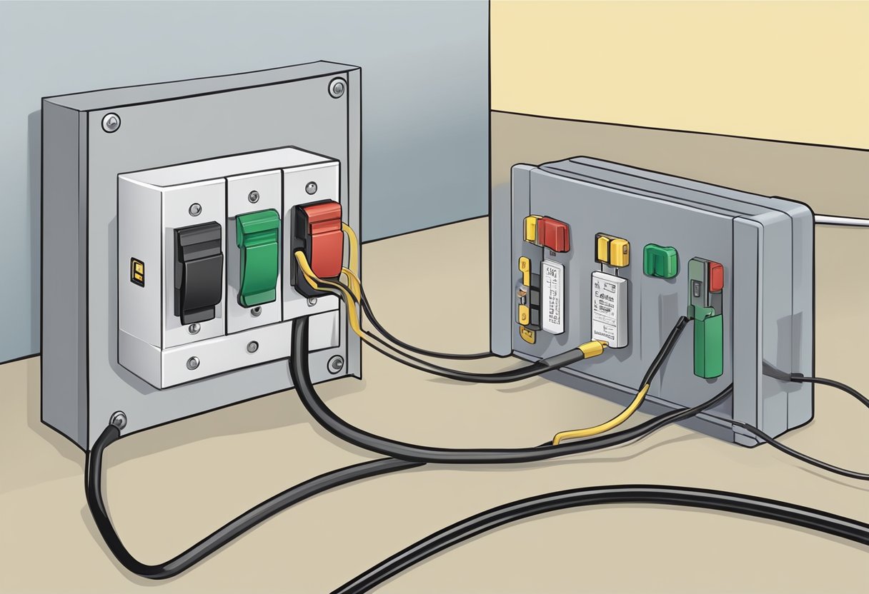 A fuse and a ground fault circuit interrupter (GFCI) are shown side by side, with electrical wires connected to each. The fuse is depicted as a small, cylindrical device, while the GFCI is shown as a larger, rectangular