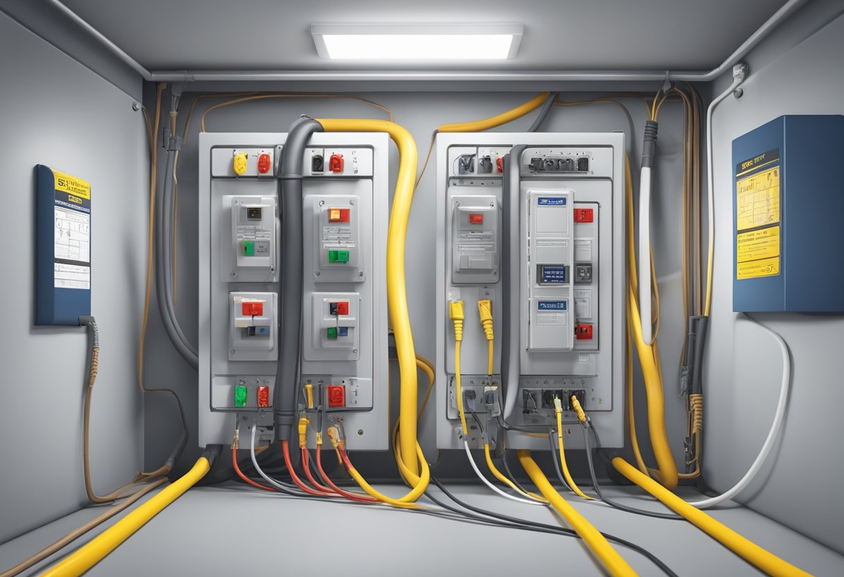 A fuse and a ground fault circuit interrupter (GFCI) side by side, with electrical wires connected to each, against a backdrop of electrical panels and safety signs