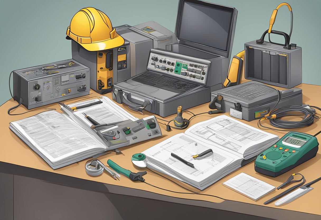 An electrical training manual with specialized content, tools, and equipment spread out on a desk