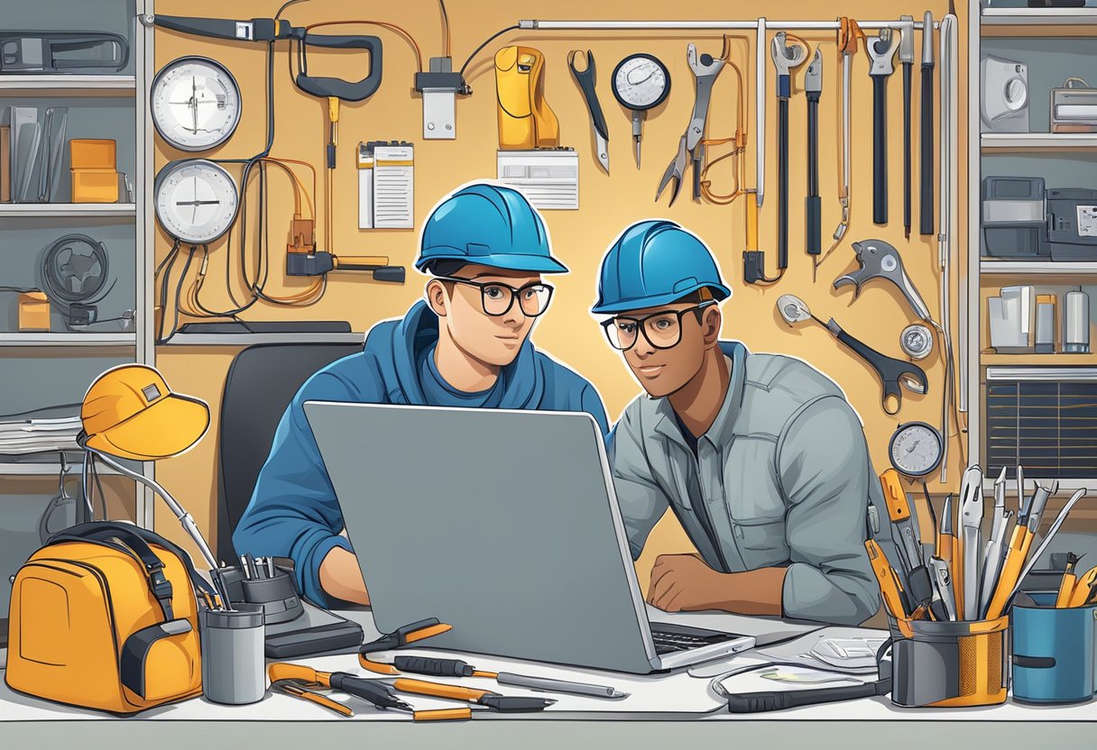 An electrical apprentice studies online, surrounded by tools and equipment, with a focus on career advancement